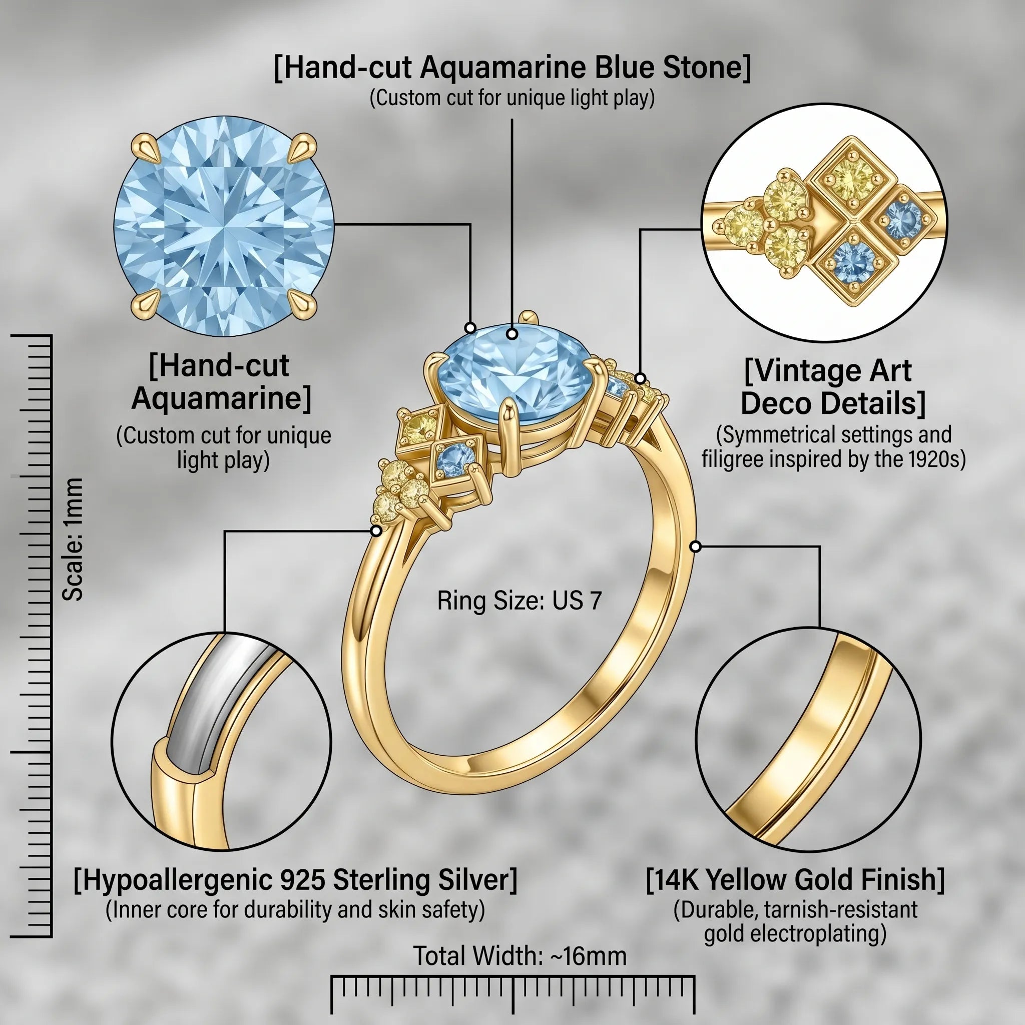 Vintage Aquamarine Ring | Snag-Free Comfort Fit in 14K Gold Finish--Last Day Sale-90% OFF🔥