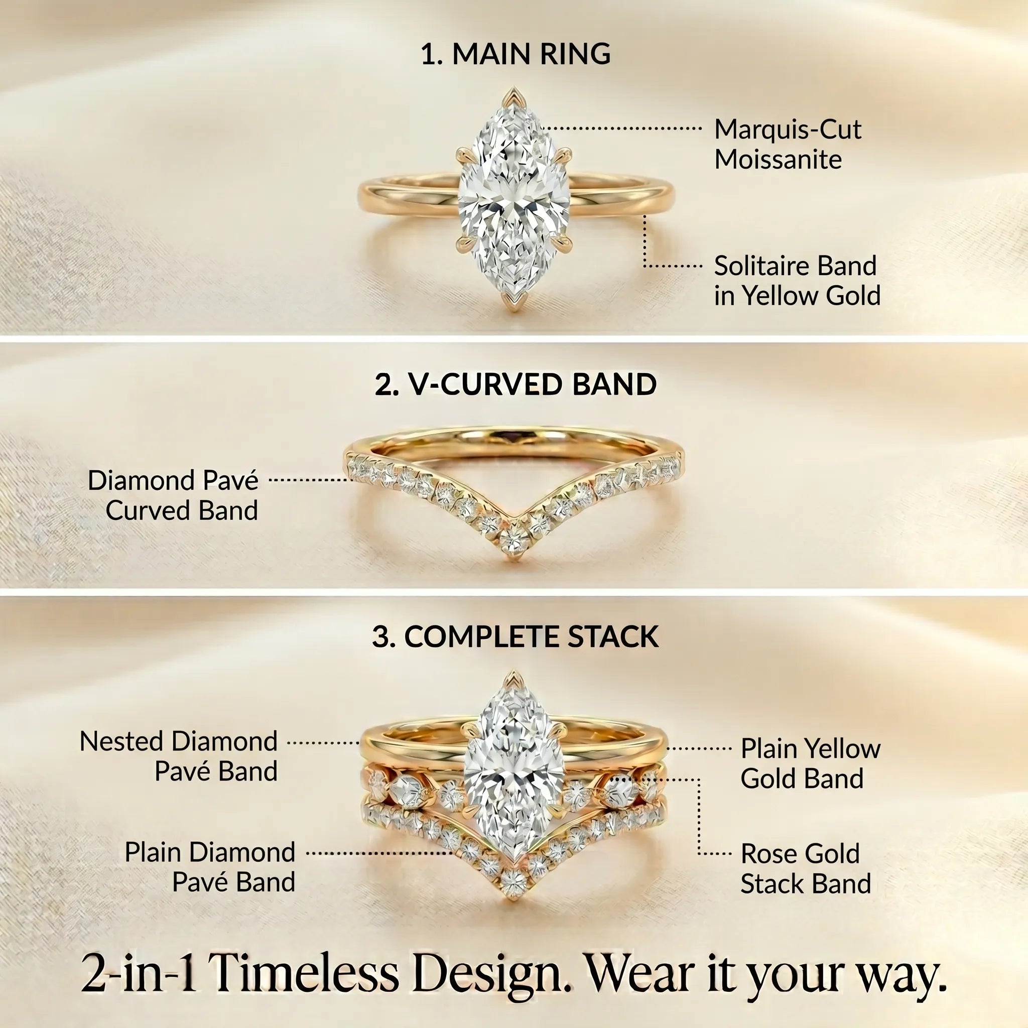 The Timeless Elegance: Marquise Cut Moissanite Crown Ring Set--Last Day Sale-90% OFF🔥