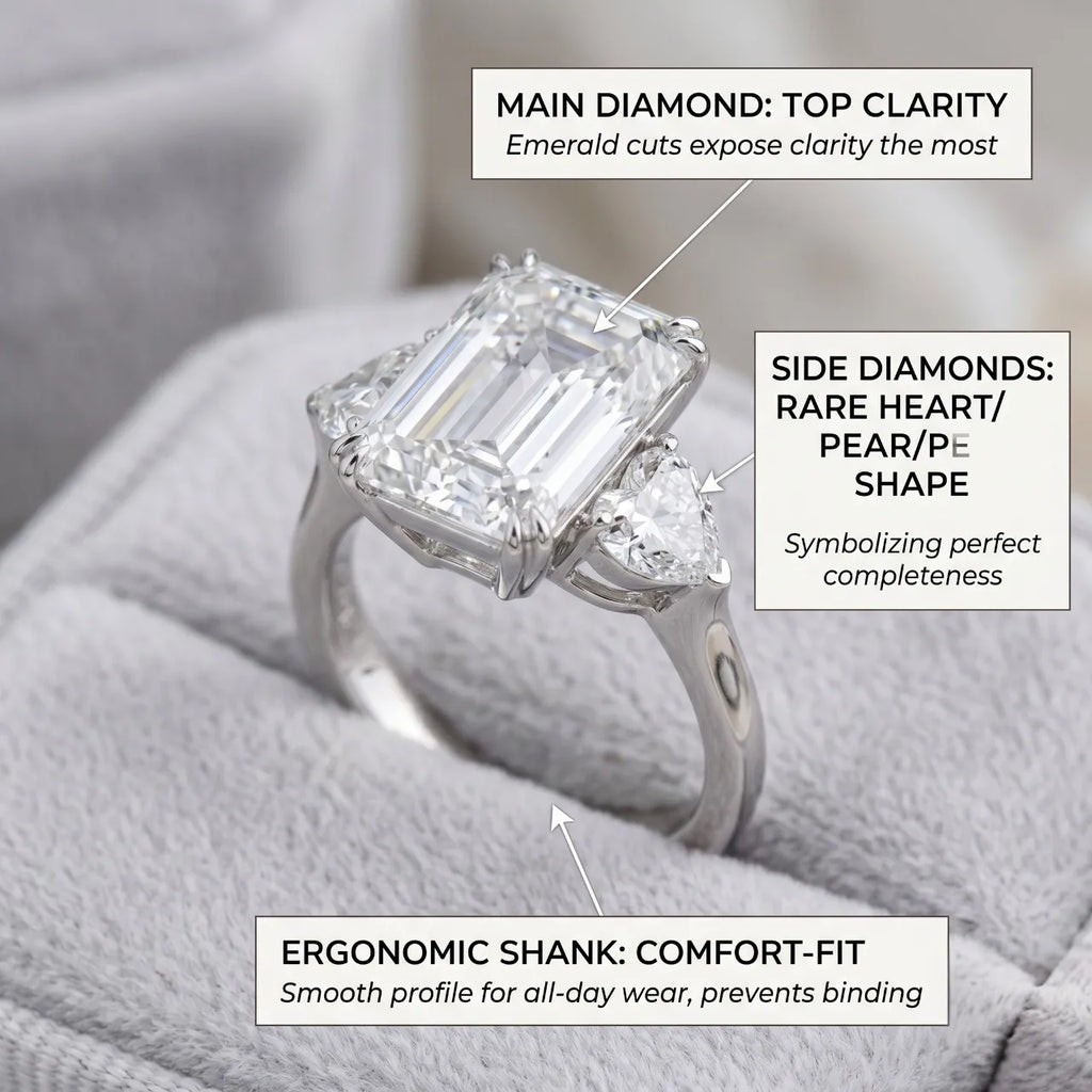 The Ultimate Anniversary Upgrade: Classic Emerald Cut Three-Stone Ring with Heart Accents--Last Day Sale-90% OFF🔥