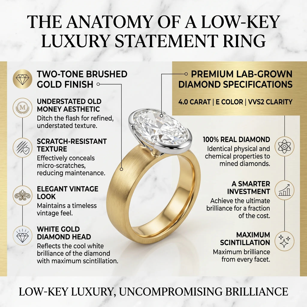 The Timeless Statement: 4ct Oval Lab-Diamond in Hand-Brushed Gold – Elegance That Won't Snag Your Silk or Flip on Your Finger--Last Day Sale-90% OFF🔥