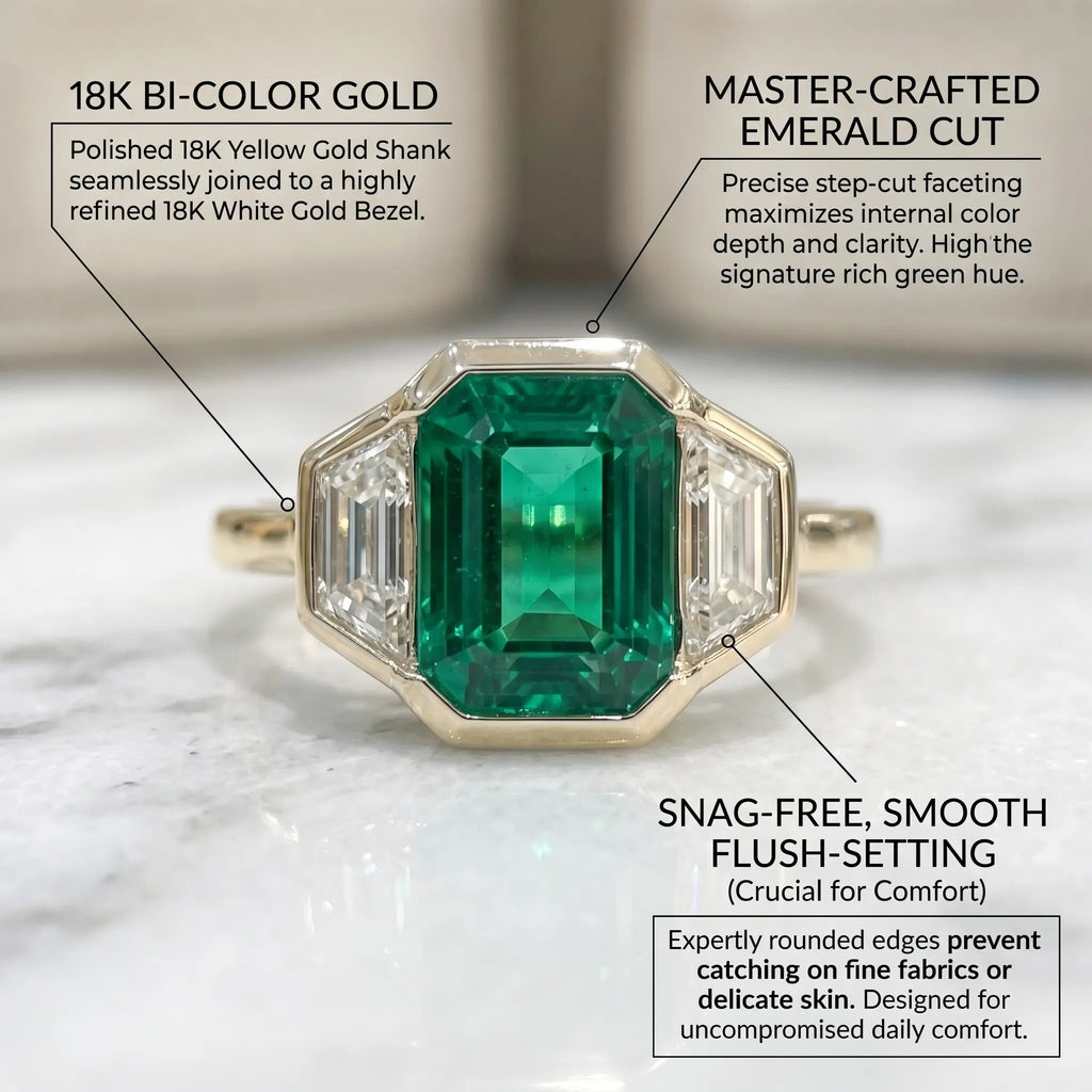 18K Two-Tone Gold Emerald & Diamond Art Deco Ring | Snag-Free Comfort Fit--Last Day Sale-90% OFF🔥