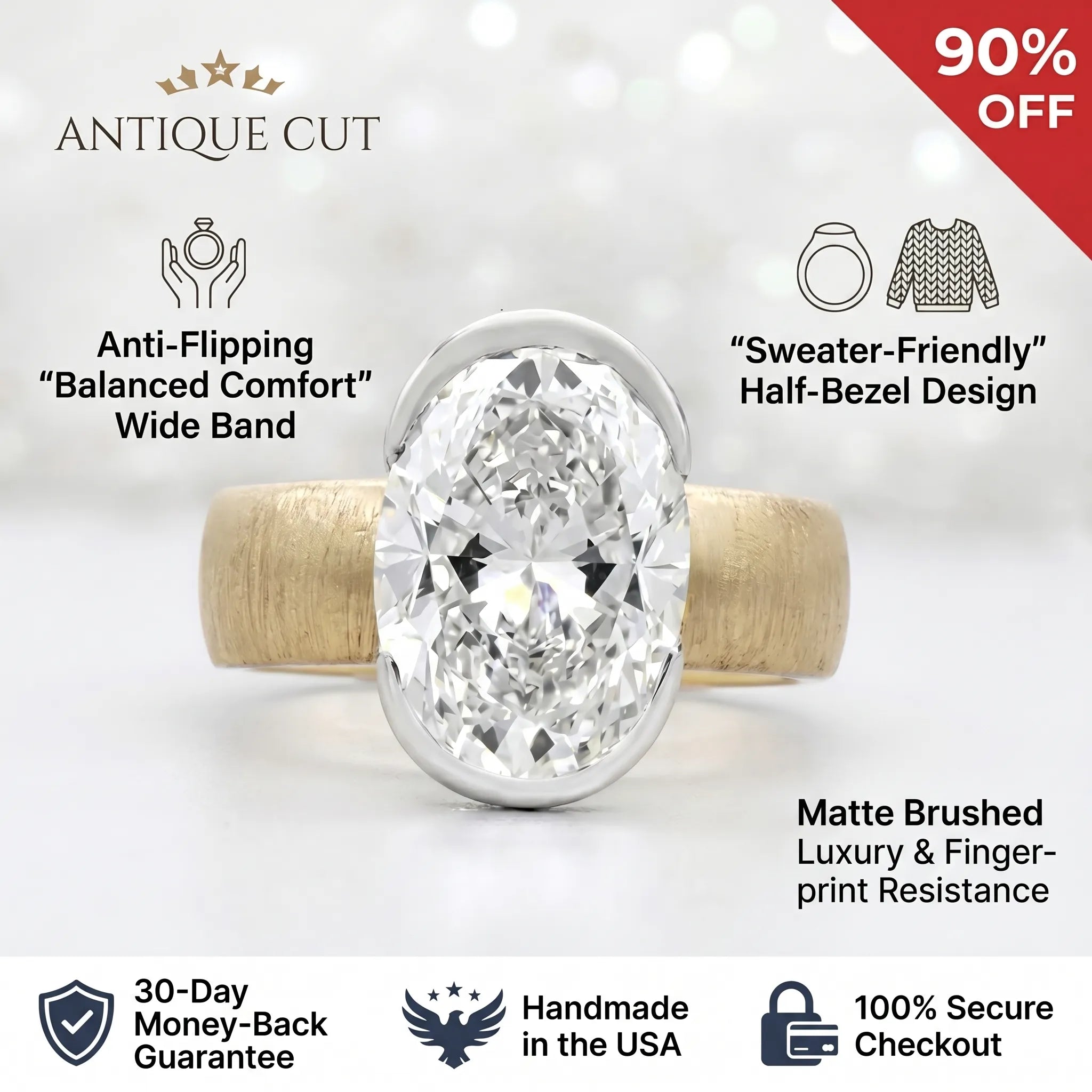 The Timeless Statement: 4ct Oval Lab-Diamond in Hand-Brushed Gold – Elegance That Won't Snag Your Silk or Flip on Your Finger--Last Day Sale-90% OFF🔥