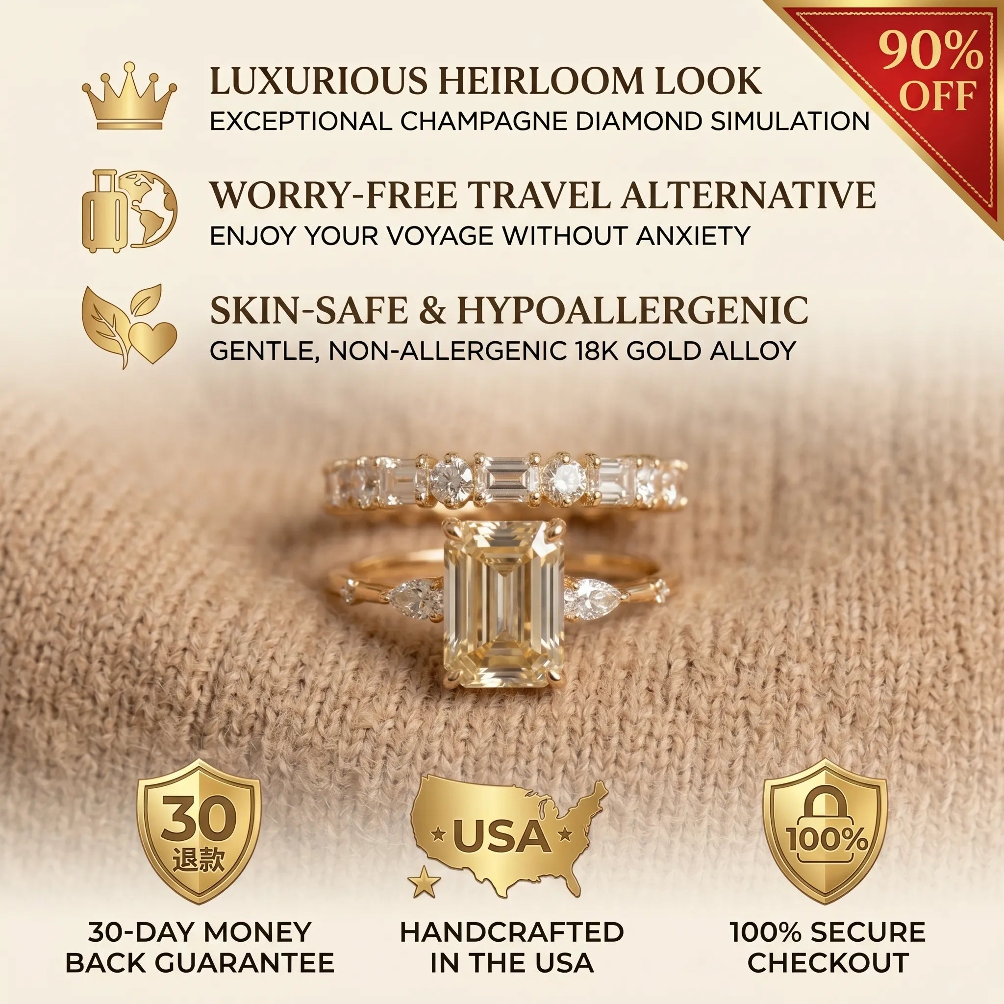 Vintage Emerald Cut 3-Stone Ring Set in 18K Gold Over Silver - The Perfect Travel & Anniversary Upgrade--Last Day Sale-90% OFF🔥