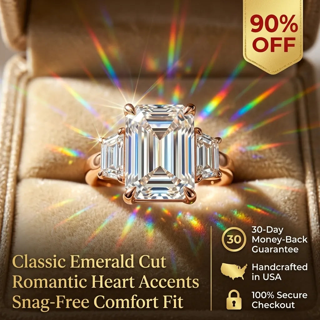 The Ultimate Anniversary Upgrade: Classic Emerald Cut Three-Stone Ring with Heart Accents--Last Day Sale-90% OFF🔥