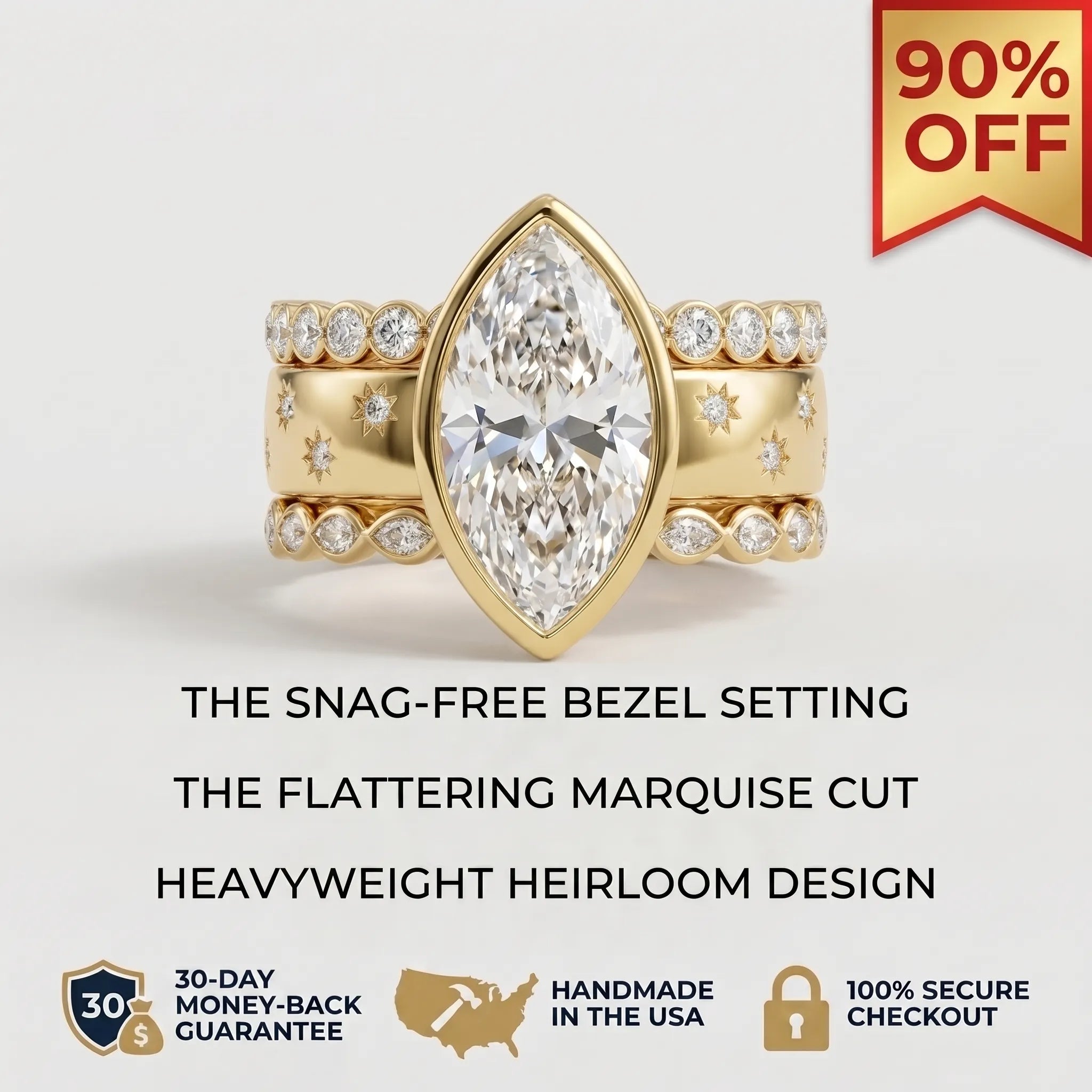 The Timeless Heirloom: 5-Carat Marquise Bezel Ring with Vintage Star Details--Last Day Sale-90% OFF🔥
