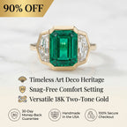 18K Two-Tone Gold Emerald & Diamond Art Deco Ring | Snag-Free Comfort Fit--Last Day Sale-90% OFF🔥
